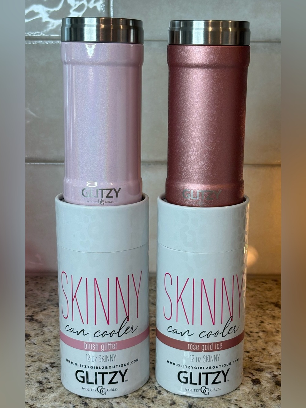 Glitz Skinny Can Coolers — Blush Glitter & Rose Gold.
Get this two coolers!